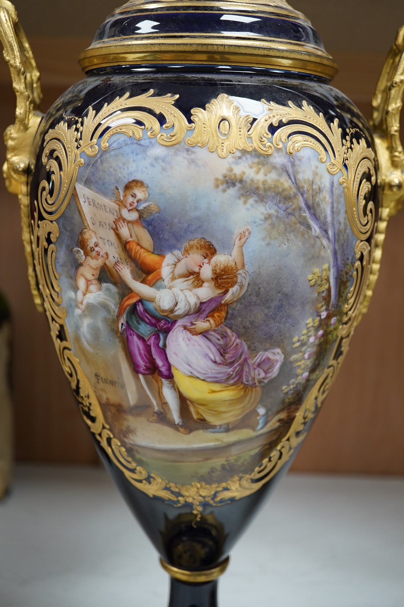 A pair of Sevres style gilt metal mounted vases, 58cm high. Condition - good